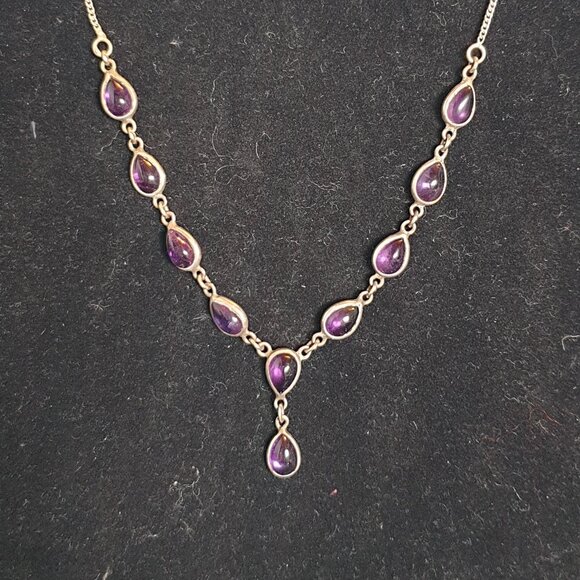 Vintage Victorian 10ct Natural Amethyst Cabochon 925 Sterling Silver Necklace - Picture 4 of 12